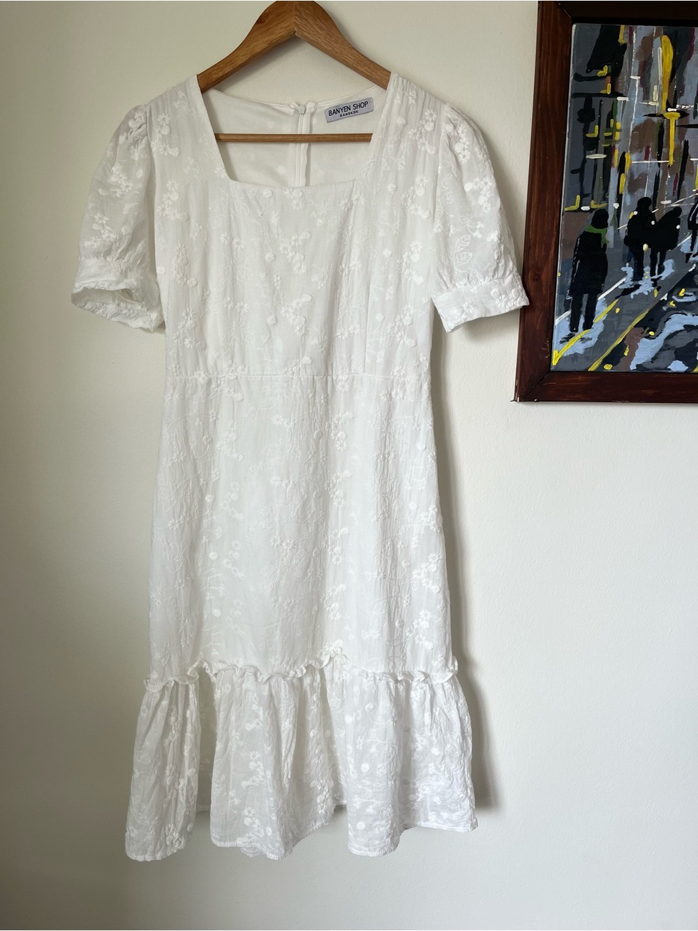 Banyen Shop Bangkok Embroidered Square Neck Dress- Small 100% cotton